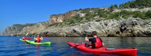 Kajakfahrer an der Küste des Naturparks Arrabida